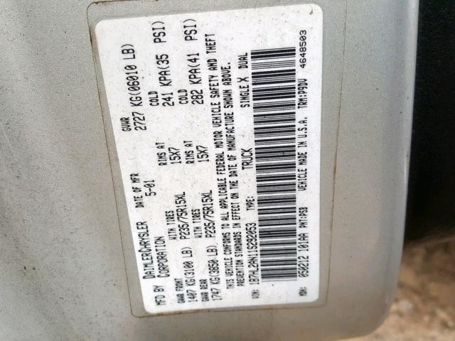 1B7HL2AN11S292053 - 2001 DODGE DAKOTA QUA GRAY photo 10