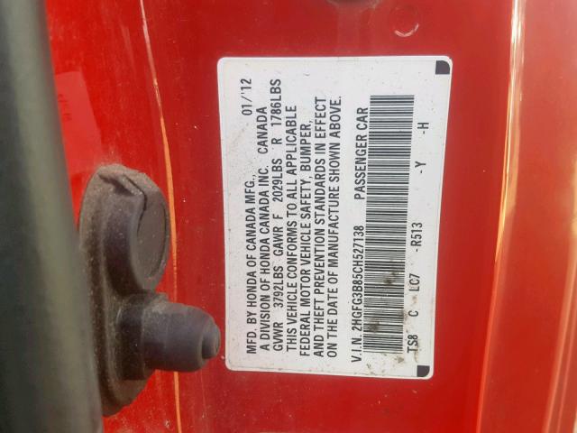 2HGFG3B85CH527138 - 2012 HONDA CIVIC EX RED photo 10