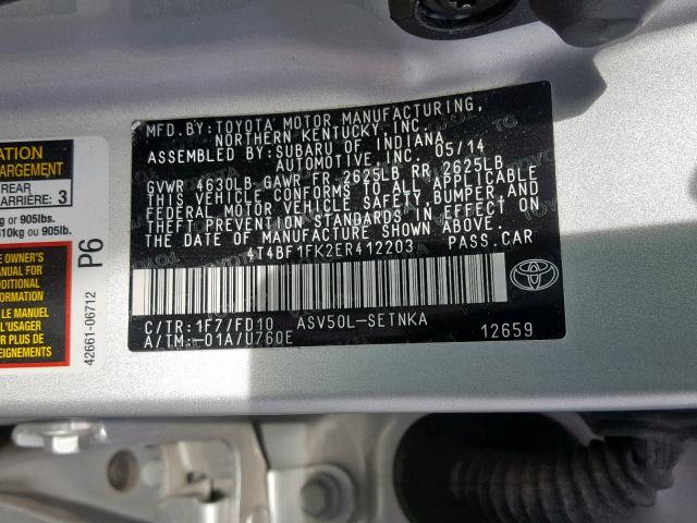 4T4BF1FK2ER412203 - 2014 TOYOTA CAMRY L SILVER photo 10