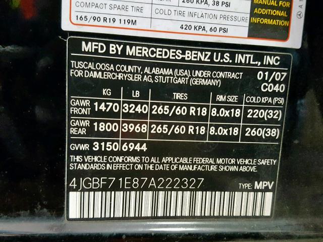 4JGBF71E87A222327 - 2007 MERCEDES-BENZ GL 450 4MA BLACK photo 10