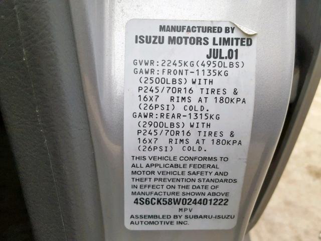 4S6CK58W024401222 - 2002 HONDA PASSPORT E 银色 照片 10