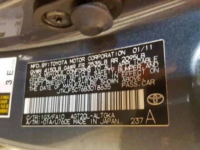 JTKJF5C76B3018635 - 2011 TOYOTA SCION TC გრაფიტი ფოტო 10