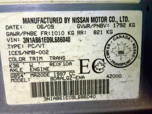 3N1AB61E09L686040 - 2009 NISSAN SENTRA 2.0 SILVER photo 10