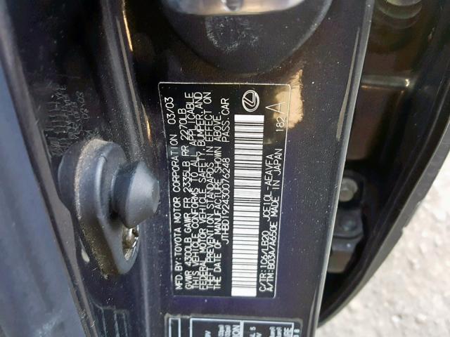 JTHBD192430076248 - 2003 LEXUS IS 300 BLACK photo 10