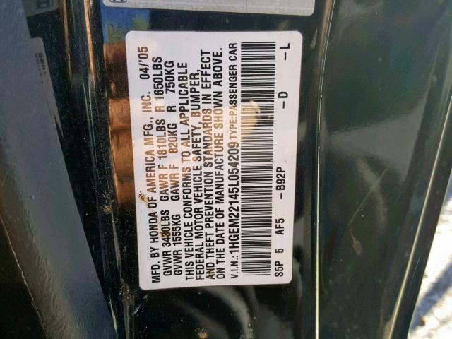 1HGEM22145L054209 - 2005 HONDA CIVIC DX V BLACK photo 10