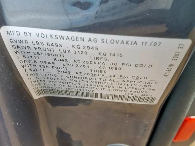 WVGBE77L08D041702 - 2008 VOLKSWAGEN TOUAREG 2 Gri fotoğraf 10