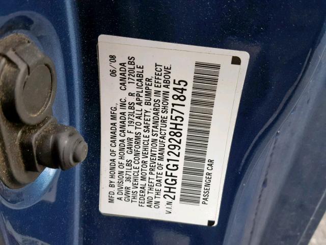 2HGFG12928H571845 - 2008 HONDA CIVIC EXL BLUE photo 10