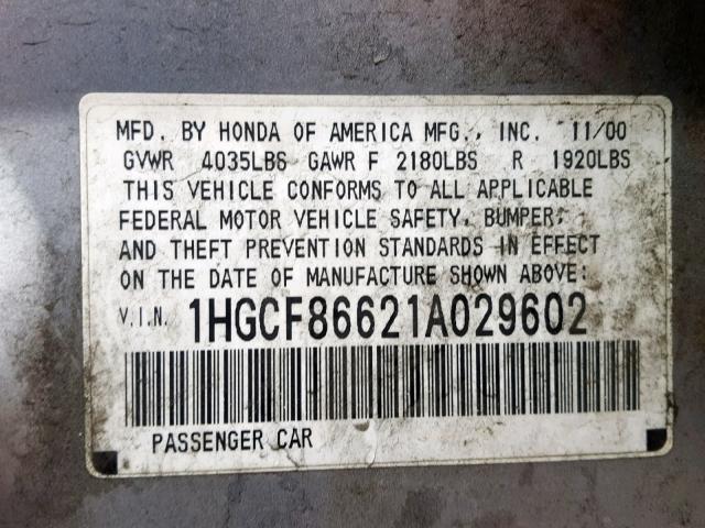 1HGCF86621A029602 - 2001 HONDA ACCORD VAL SILVER photo 10