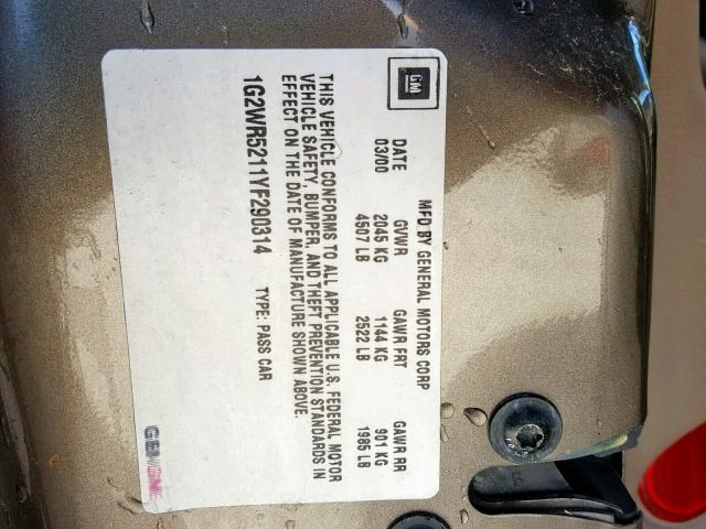 1G2WR5211YF290314 - 2000 PONTIAC GRAND PRIX BROWN photo 10