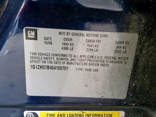 1G1ZH57B494180781 - 2009 CHEVROLET MALIBU 1LT BLUE photo 10