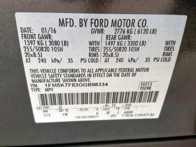 1FM5K7F83GGB98334 - 2016 FORD EXPLORER L GRAY photo 10