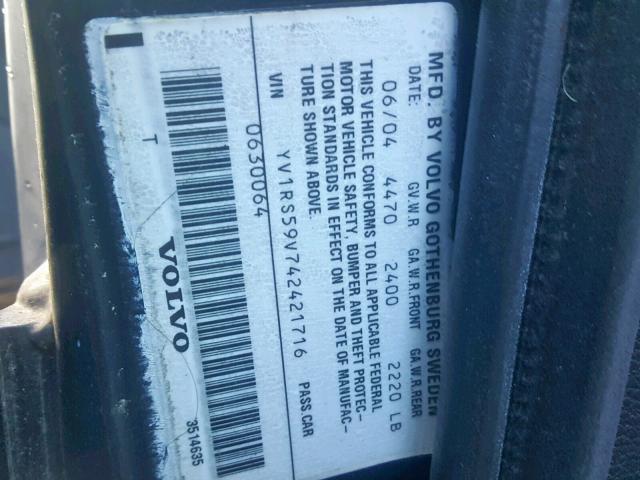 YV1RS59V742421716 - 2004 VOLVO S60 2.5T BLACK photo 10