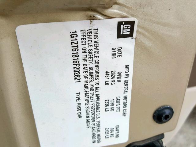 1G1ZT61816F202821 - 2006 CHEVROLET MALIBU MAX GOLD photo 10