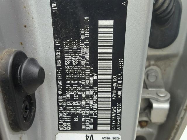 4T3ZA3BB1AU021330 - 2010 TOYOTA VENZA BASE SILVER photo 10