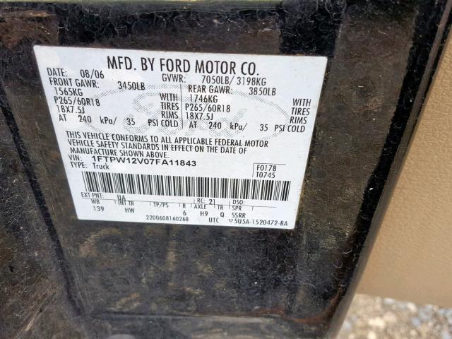 1FTPW12V07FA11843 - 2007 FORD F150 SUPER BLACK photo 10