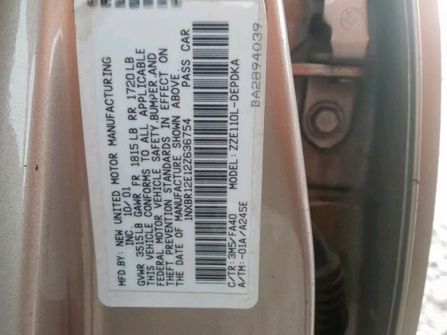 1NXBR12E12Z636754 - 2002 TOYOTA COROLLA CE TAN photo 10