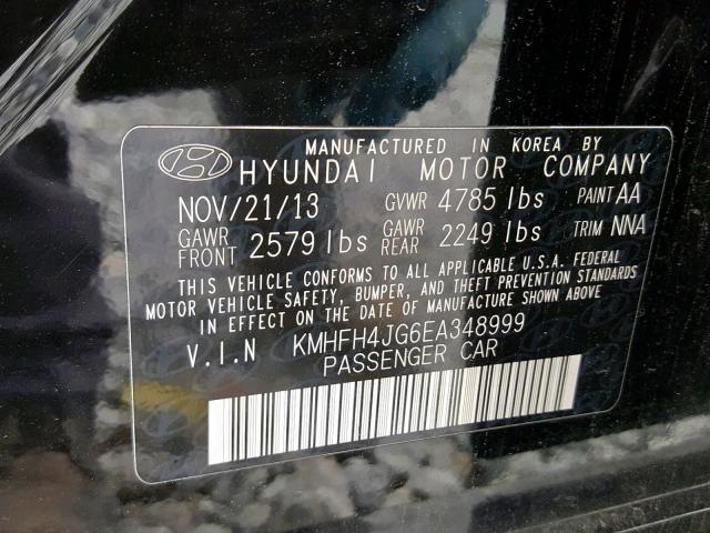 KMHFH4JG6EA348999 - 2014 HYUNDAI AZERA GLS BLACK photo 10