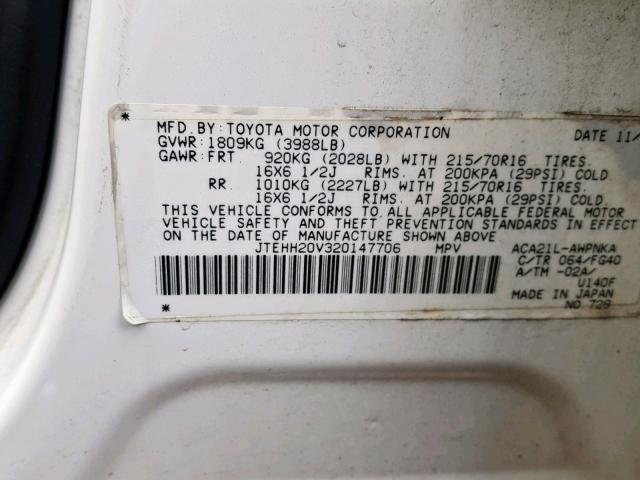 JTEHH20V320147706 - 2002 TOYOTA RAV4 WHITE photo 10