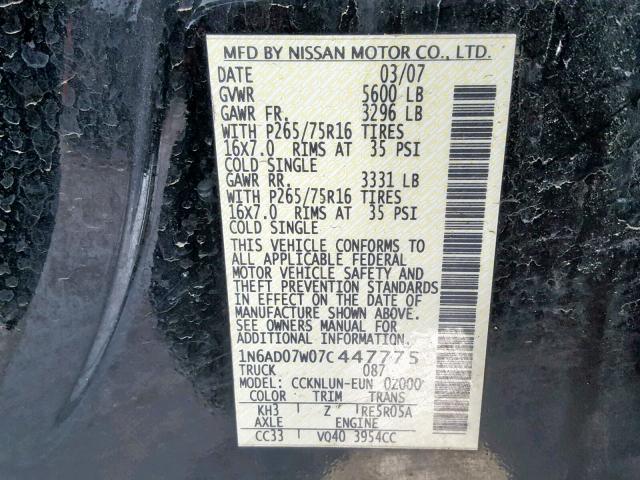 1N6AD07W07C447775 - 2007 NISSAN FRONTIER C BLACK photo 10