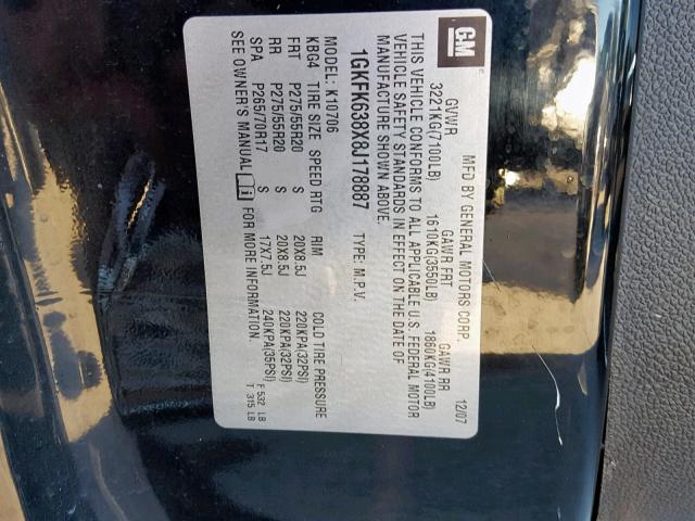 1GKFK638X8J178887 - 2008 GMC YUKON DENA BLACK photo 10