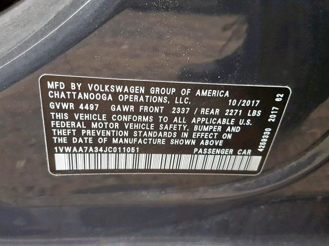 1VWAA7A34JC011051 - 2018 VOLKSWAGEN PASSAT S GRAY photo 10