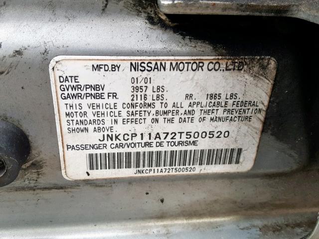 JNKCP11A72T500520 - 2002 INFINITI G20 GRAY photo 10