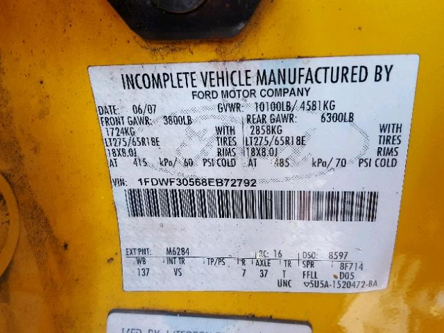 1FDWF30568EB72792 - 2008 FORD F350 SRW S YELLOW photo 10