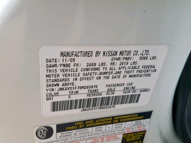 JNKAY01F76M260976 - 2006 INFINITI M35 BASE WHITE photo 10