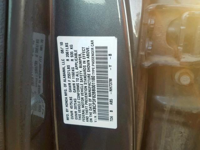 5KBCP3F82BB001180 - 2011 HONDA ACCORD EXL GRAY photo 10