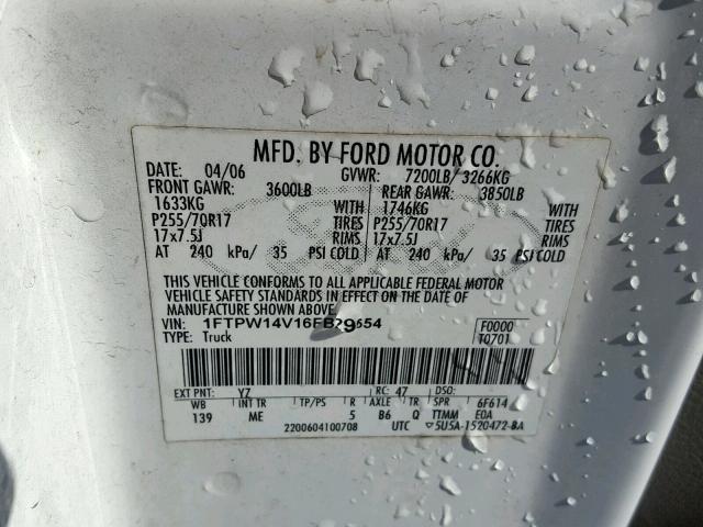 1FTPW14V16FB29654 - 2006 FORD F150 SUPER WHITE photo 10