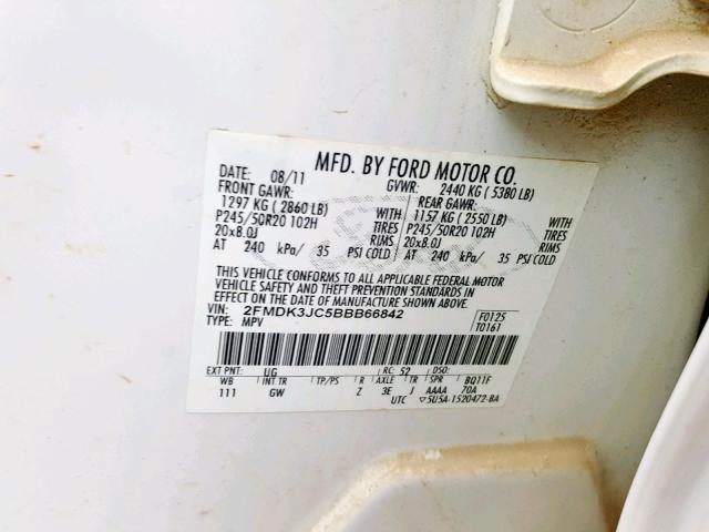 2FMDK3JC5BBB66842 - 2011 FORD EDGE SEL WHITE photo 10