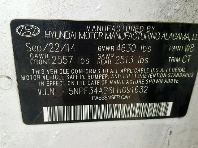 5NPE34AB6FH091632 - 2015 HYUNDAI SONATA SPO WHITE photo 10