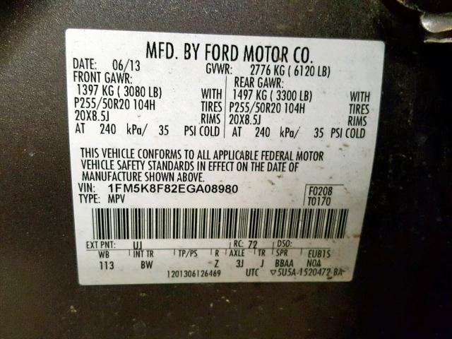 1FM5K8F82EGA08980 - 2014 FORD EXPLORER L GRAY photo 10