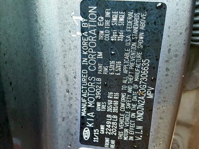 KNDJN2A20G7306635 - 2016 KIA SOUL GRAY photo 10