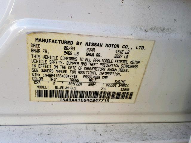 1N4BA41E64C847719 - 2004 NISSAN MAXIMA SE WHITE photo 10