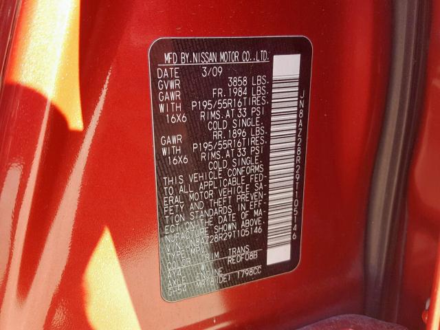 JN8AZ28R29T105146 - 2009 NISSAN CUBE BASE RED photo 10