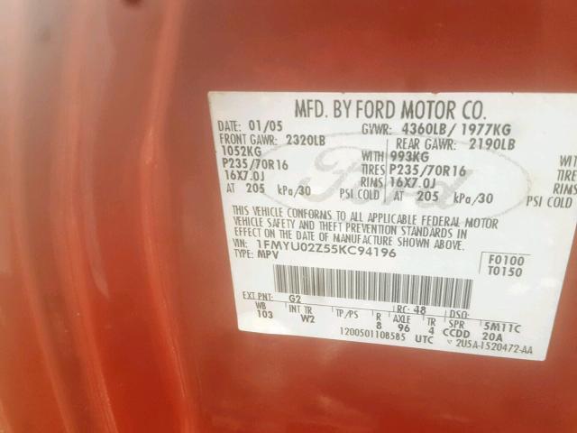 1FMYU02Z55KC94196 - 2005 FORD ESCAPE XLS RED photo 10