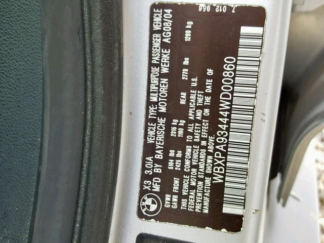 WBXPA93444WD00860 - 2004 BMW X3 3.0I SILVER photo 10