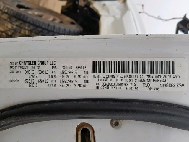 3C6UD5CL6CG301789 - 2012 DODGE RAM 2500 S WHITE photo 10