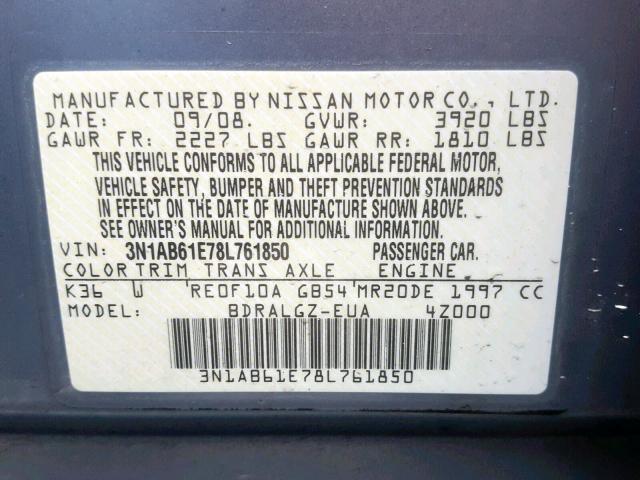 3N1AB61E78L761850 - 2008 NISSAN SENTRA 2.0 GRAY photo 10