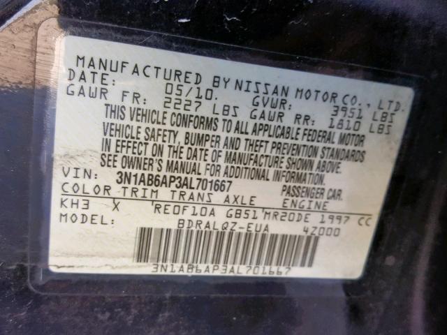 3N1AB6AP3AL701667 - 2010 NISSAN SENTRA 2.0 BLACK photo 10