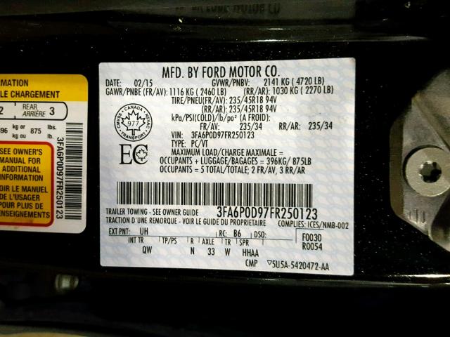 3FA6P0D97FR250123 - 2015 FORD FUSION TIT BLACK photo 10