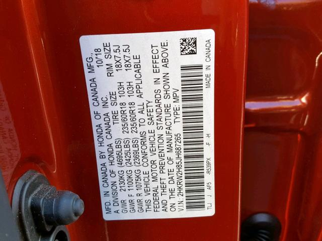 2HKRW2H85JH687265 - 2018 HONDA CR-V EXL ORANGE photo 10