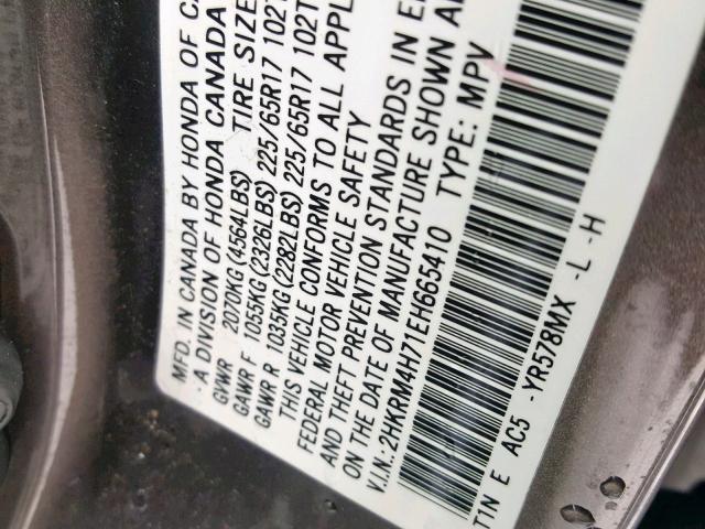 2HKRM4H71EH665410 - 2014 HONDA CR-V EXL GRAY photo 10