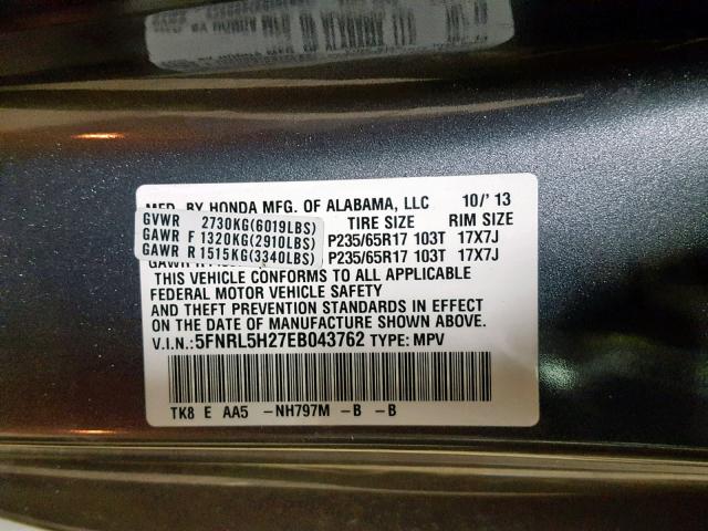 5FNRL5H27EB043762 - 2014 HONDA ODYSSEY LX GRAY photo 10