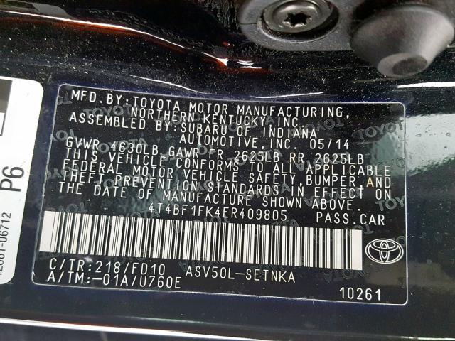 4T4BF1FK4ER409805 - 2014 TOYOTA CAMRY L BLACK photo 10