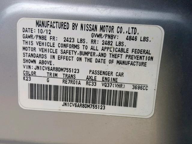 JN1CV6AR8DM755123 - 2013 INFINITI G37 SILVER photo 10