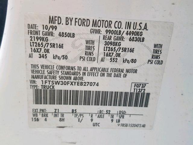 1FTSW30FXYEB27074 - 2000 FORD F350 SRW S WHITE photo 10