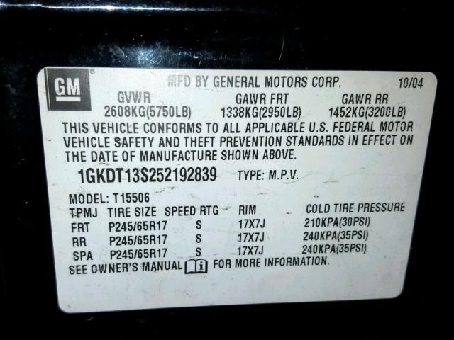 1GKDT13S252192839 - 2005 GMC ENVOY BLACK photo 10