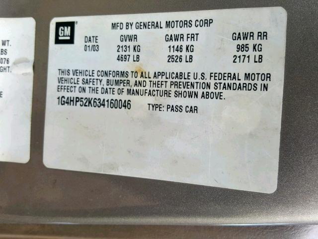 1G4HP52K634160046 - 2003 BUICK LESABRE CU GRAY photo 10